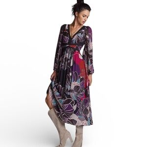 Anthropologie x Let Me Be Floral Midi Dress Chiffon V Neck Long Sleeve XXS NWT